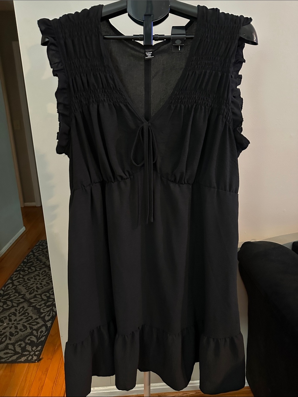 SHEIN Black Ruffle Tie-Front Smocked Midi Dress